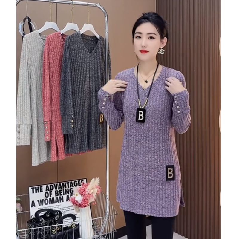 中长款外穿针织衫女春秋冬立体装饰高级感气质V领长袖T恤打底上衣