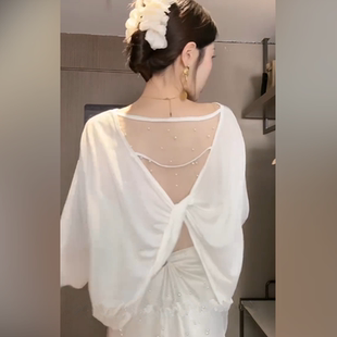 纯欲风后背镂空网纱拼接扭结长袖t恤女款小衫新款爆款防晒衫上衣