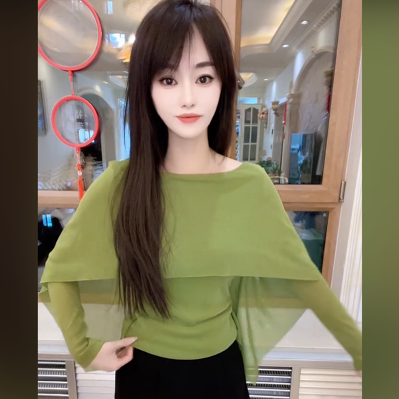 超火减龄假两件斗篷式长袖T恤女春夏上衣时髦打底衫小资遮肉显瘦
