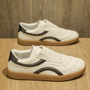 无鞋带男鞋牛筋底耐磨德训鞋免系带板鞋男款皮面防水白色休闲皮鞋