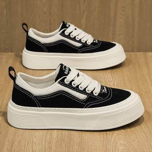 潮牌男鞋2026新款春季百搭厚底休闲板鞋男士高级感黑色运动帆布鞋