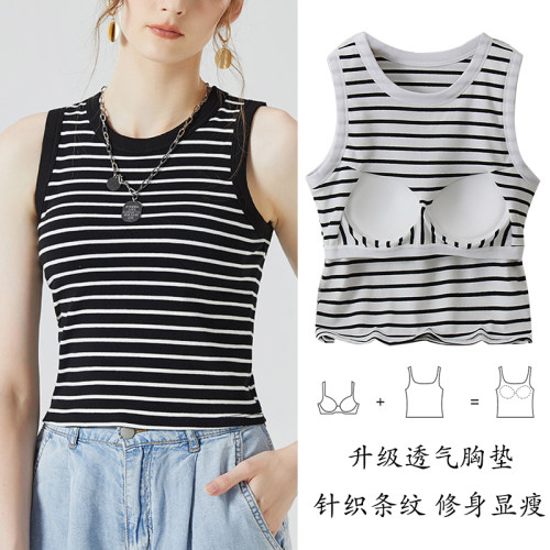 时尚显瘦针织纯棉女条纹吊带背心