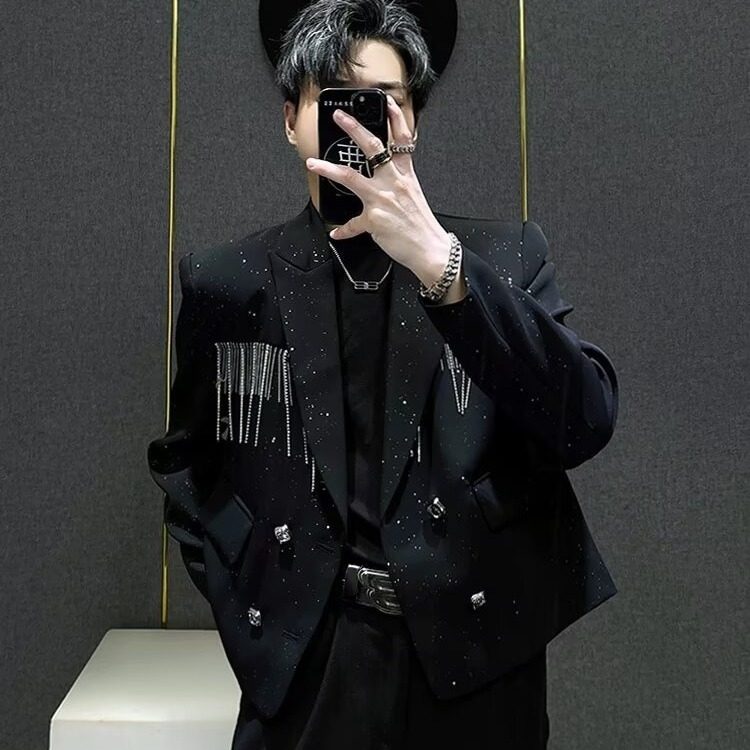 小众设计感流苏链条满天星西服上衣男垫肩短款小西装外套韩版痞帅