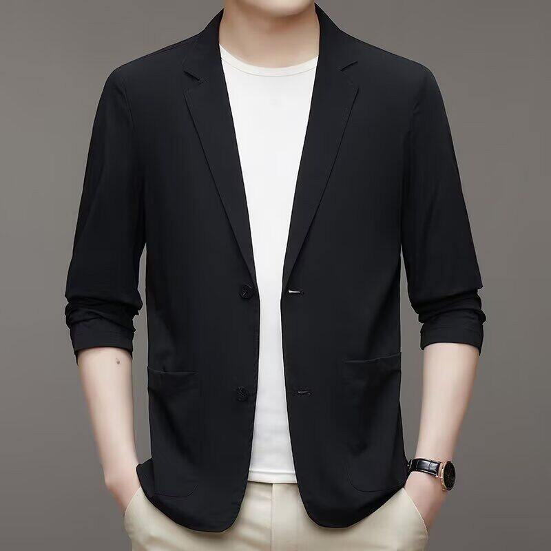 夏季冰丝薄款男士西服休闲透气弹力抗皱垂感七分袖西装外套韩版潮
