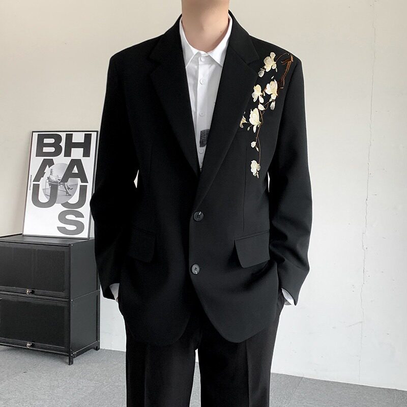 男士痞帅白玉兰刺绣小西服新中式国风高级感西装套装订婚宴会礼服