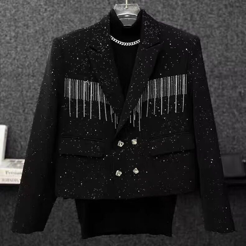 黑色短款西装外套男重工满天星流苏设计潮流宽松百搭休闲垫肩西服