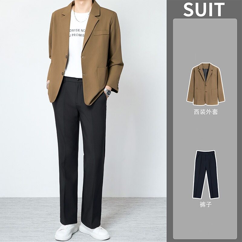 商务通勤高级感韩版痞帅西装两件套男士休闲西服套装宽松垂感大码