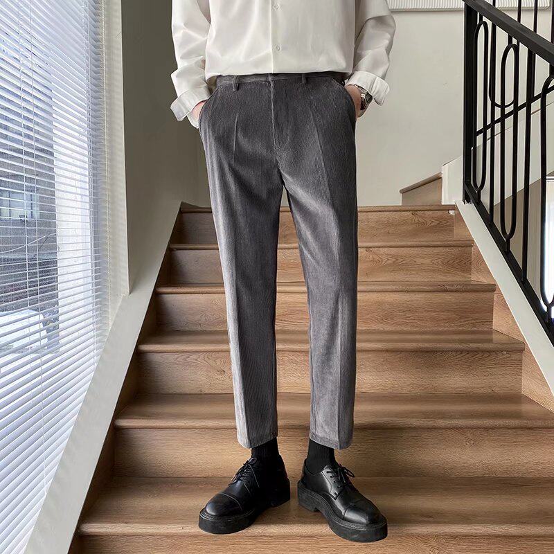 겨울 비즈니스 정장 바지 남성 블랙 코듀로이 캐주얼 바지 따뜻한 두꺼운 스트레이트 다리 느슨한 9 점 정장 바지