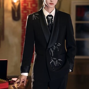 高级新中式新郎婚服婚礼订婚礼服复古国风刺绣西装套装宴会敬酒服