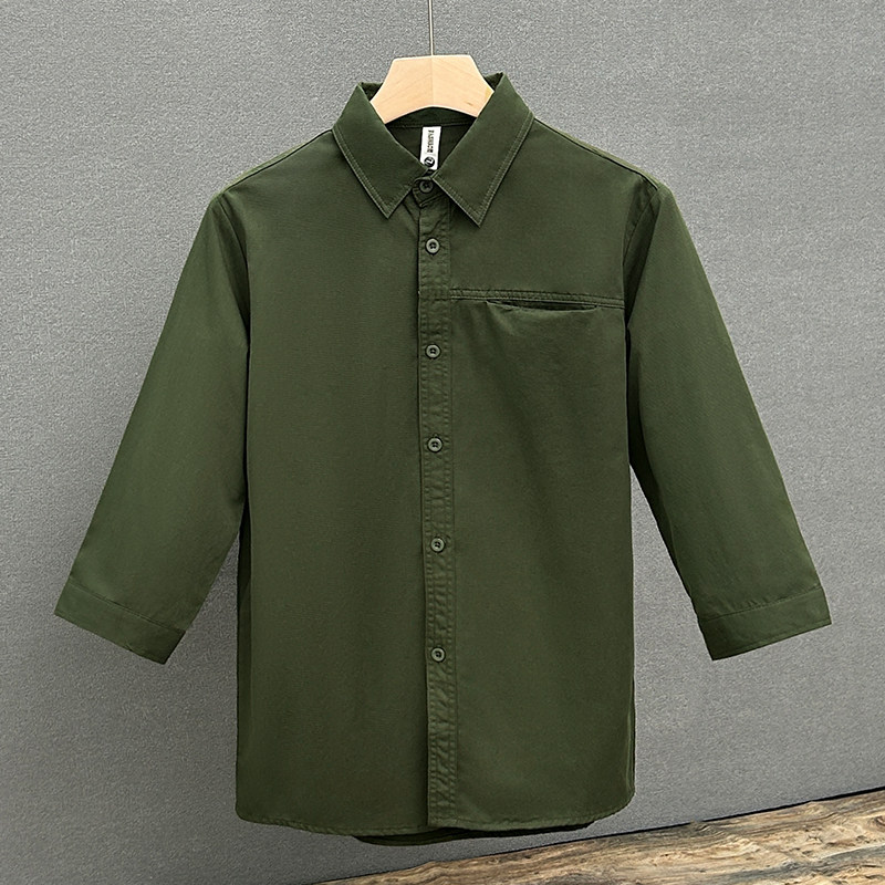 thumbnail for Light mature style men's cotton breathable half-sleeved shirt spring Korean version slim casual three-quarter sleeve shirt solid color top