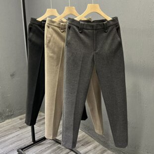 秋冬纯棉加厚毛呢料小西裤男美式商务休闲西装九分直筒保暖修身潮