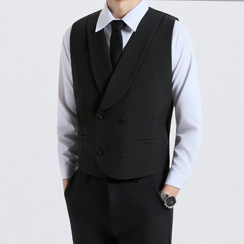高级感修身短款绅士西装马甲男士双排扣背心新郎伴郎结婚礼服套装