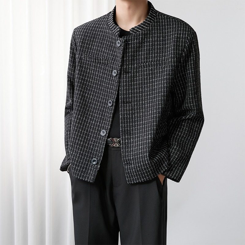 毛呢短款垫肩小香风西装外套男高级感新中式立领休闲千鸟格上衣服