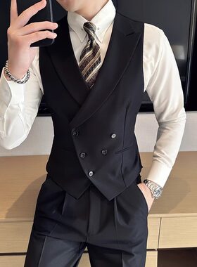 创驳领双排扣西装马甲男韩版修身马夹主持新郎结婚伴郎礼服兄弟团