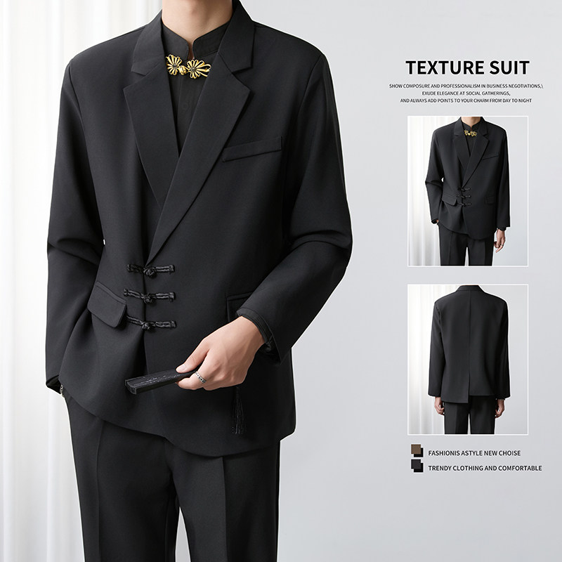 新中式中国风盘扣西装套装男士高级感新郎结婚中山装订婚西服外套