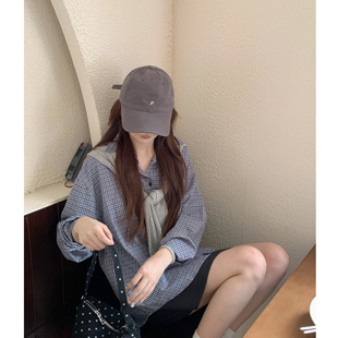 秋家自制/自留 韩风高智感~极简长期主义深蓝格长袖宽松衬衫