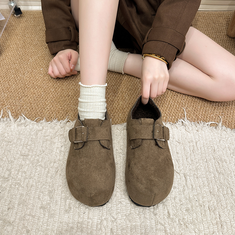 皮扣大头秋丑萌乐福鞋女2025冬季新款加绒毛毛保带暖内增高勃肯鞋