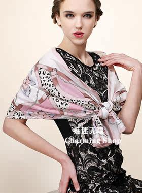 100%纯真丝桑蚕丝缎面围巾时尚豹纹链条花朵丝巾女春秋冬披肩度假