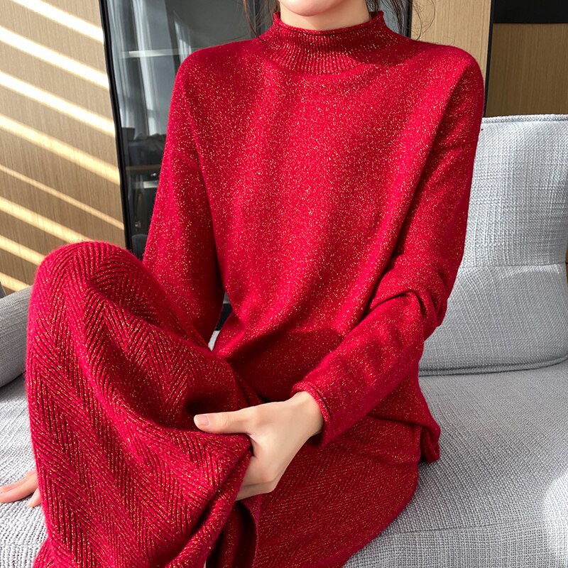 100%羊毛新款针织套装半高领时尚毛衣宽松两件套阔腿裤秋冬女加厚
