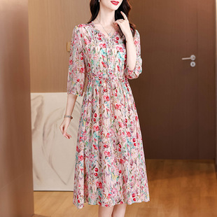 易菲妍女装官方旗舰店正品双绉真丝连衣裙印花气质桑蚕丝收腰显瘦
