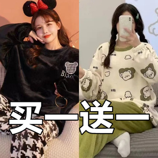 可爱珊瑚绒睡衣女秋冬季加绒圆领家居服甜美韩版学院法兰绒套装