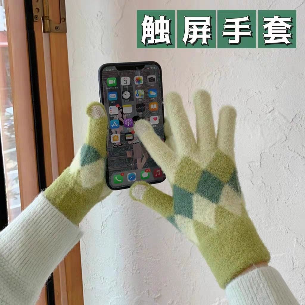 高颜值韩版ins女士格子全指分指触屏手套学生户外骑车保暖手套男
