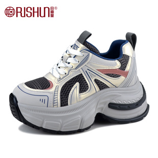 Rishun/日顺皇厚底老爹鞋女鞋2025秋季休闲运动鞋增高透气网面鞋