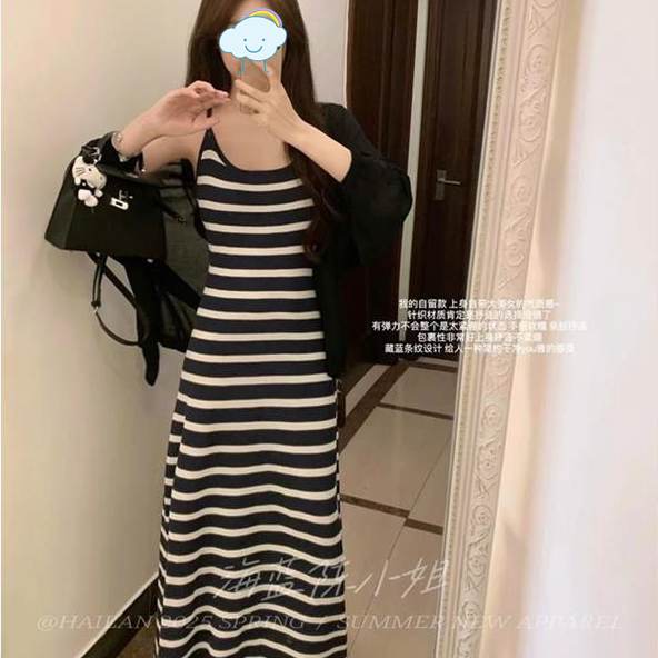 韩版百搭条纹针织洋装新款夏季修身度假风包臀显瘦遮胯吊带长裙