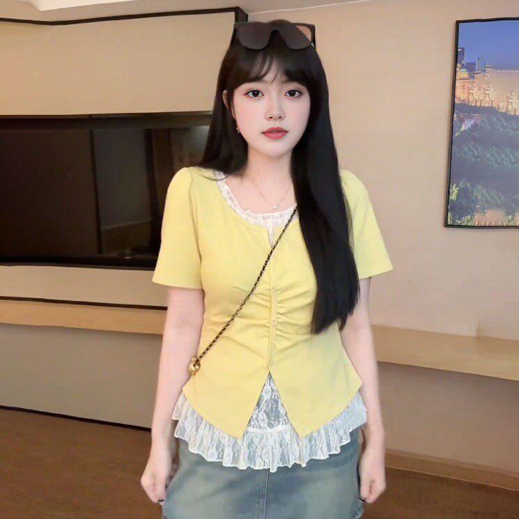 大尺码胖mm减龄蕾丝假两件短袖T恤女夏季洋派时尚收腰甜辣小衫上