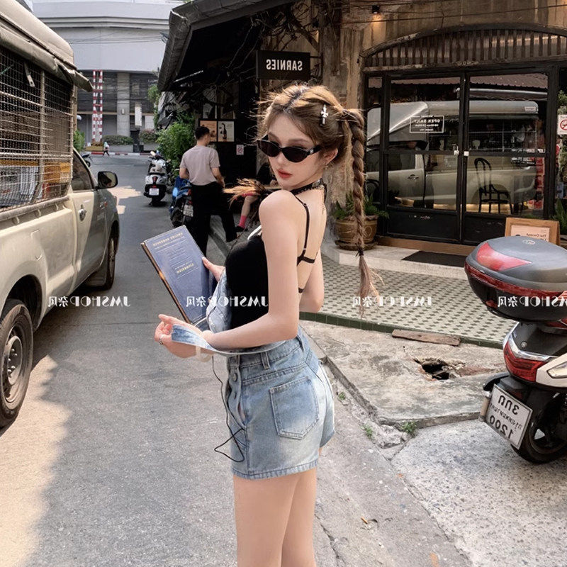 牛仔抱婴袋裙女夏季美式复古减龄小个子甜酷辣妹气质显瘦洋装裙裤