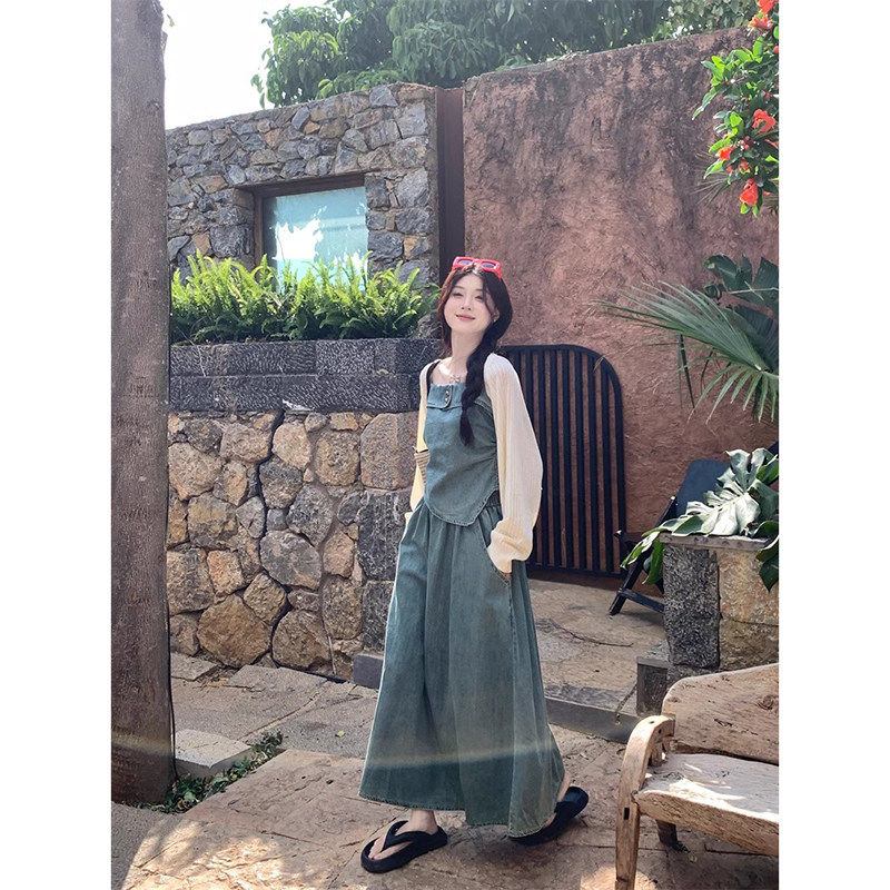 甜辣风牛仔套装女夏季复古不规则抹胸吊带背心搭配半身长裙两件套