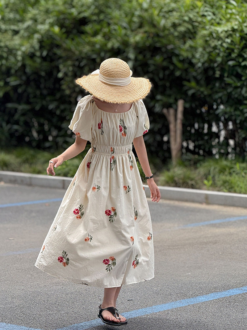 韩系泡泡袖棉质碎花连衣裙女夏季连衣裙