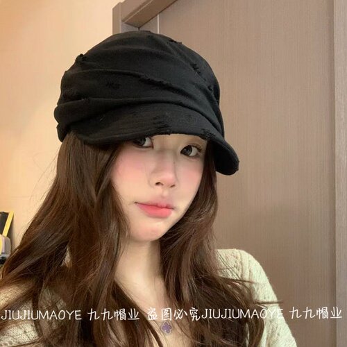 百搭复古日系气褶皱女遮阳帽马术帽平顶贝雷帽破洞做旧春夏时髦透