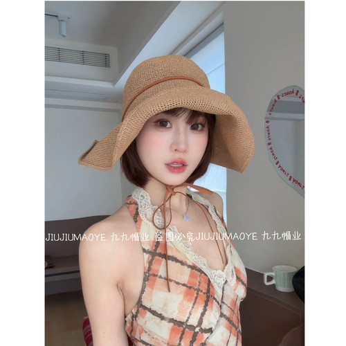 草帽蝴蝶结波浪边大沿透气帽女遮阳帽子韩版荷叶边夏天编织沙滩帽