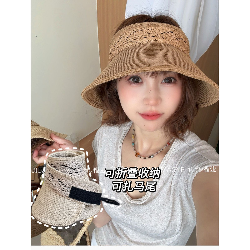 春夏新款钩花空顶女士大帽檐遮阳可折叠防晒帽魔术贴太阳帽镂空