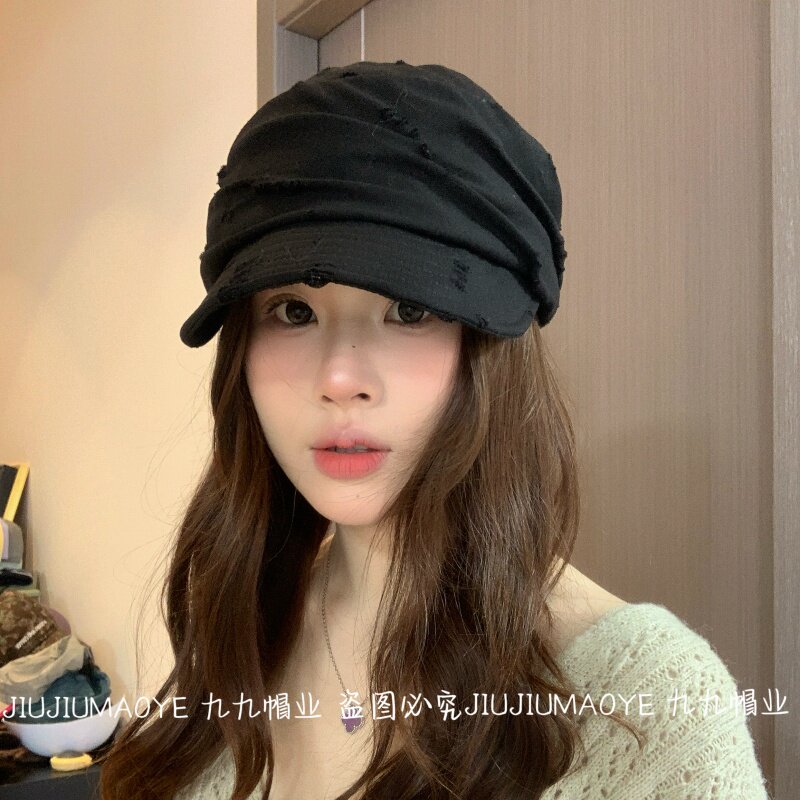 破洞做旧春夏时髦透气褶皱鸭舌帽女百搭复古日系遮阳帽马术帽平顶