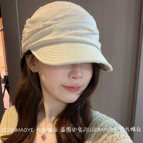 平顶时髦透气褶皱贝雷帽女百搭复古日系遮阳帽马术帽破洞做旧春夏