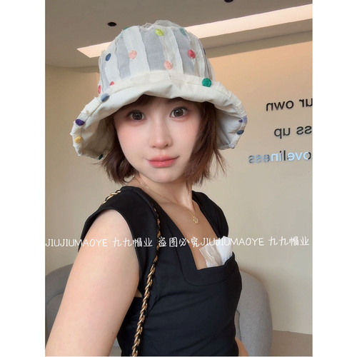 日系甜美彩豆大檐防晒渔夫帽女款夏季百搭显脸小多巴胺盆帽春夏