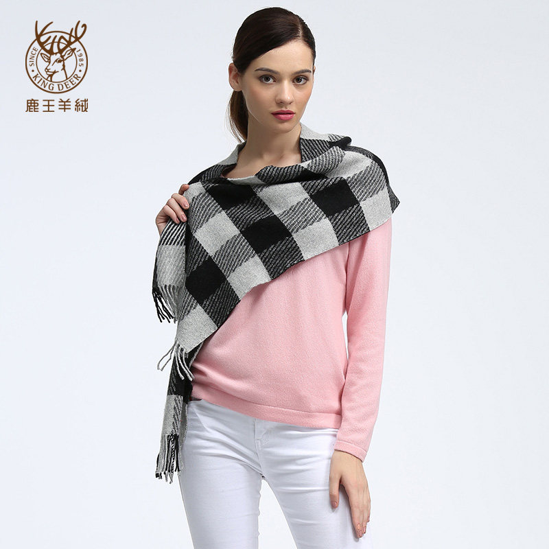 鹿王新款格子羊绒围巾英伦经典舒适百搭男女通用时尚休闲保暖围脖