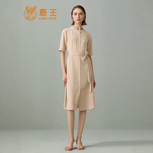 鹿王桑蚕丝绣花收腰显瘦连衣裙女
