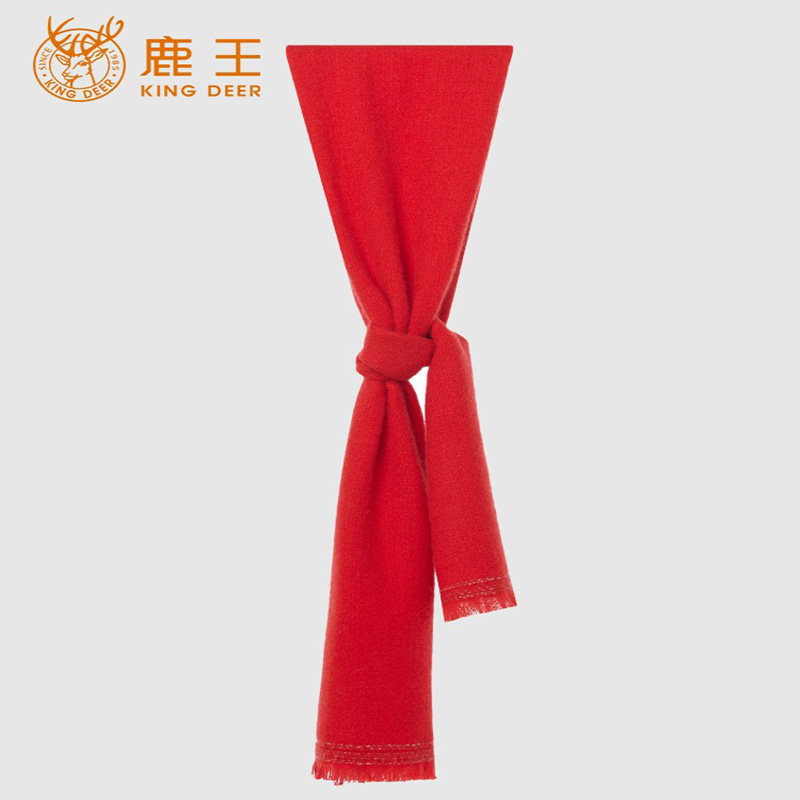 鹿王山羊绒围巾女休闲百搭保暖秋冬季新款长方形柔软舒适红色围脖