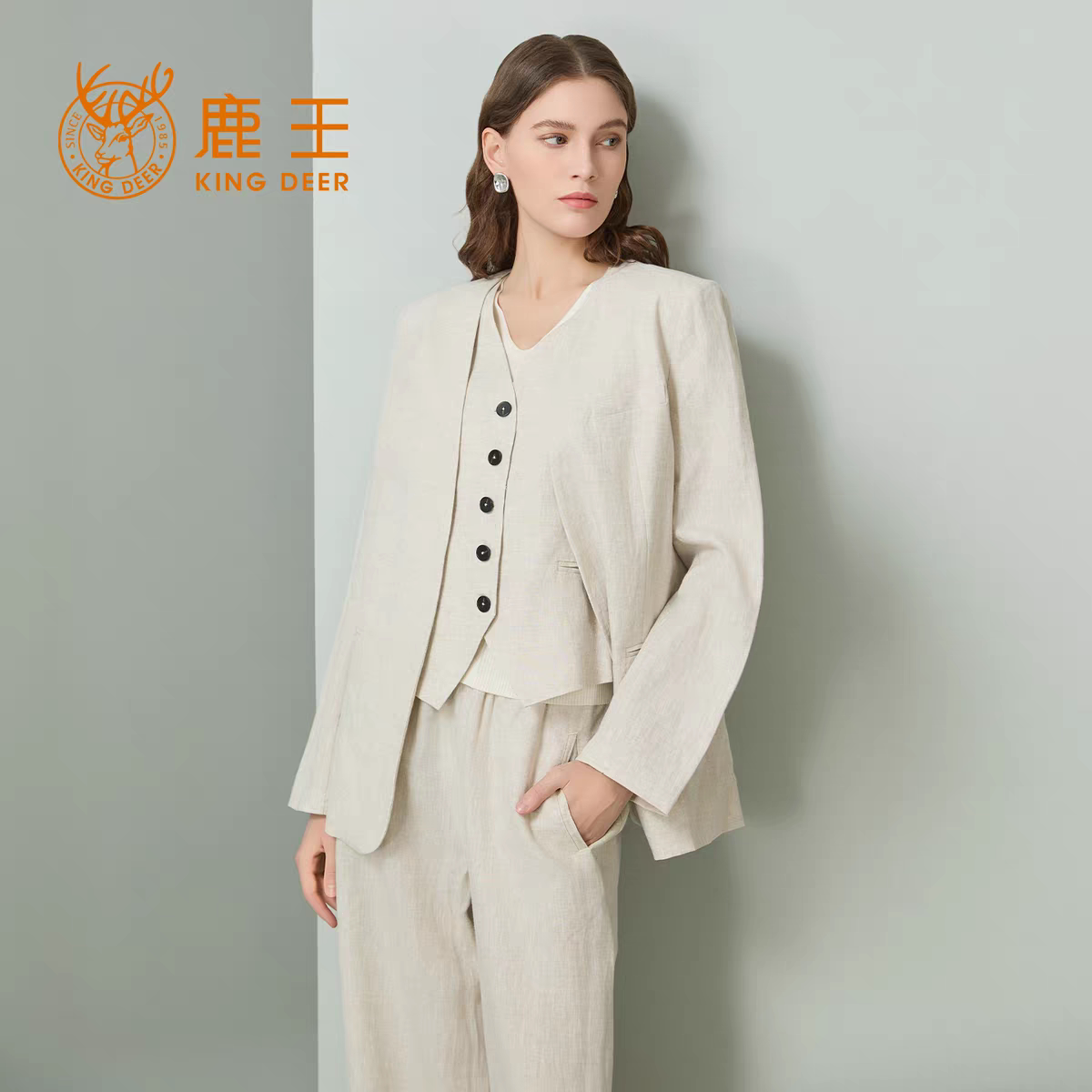 鹿王亚麻西装外套女2026新款春秋高级感气质名媛时尚小西服上衣