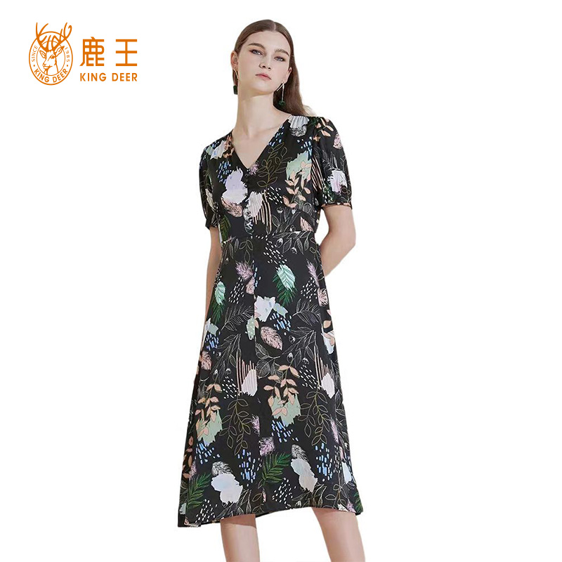鹿王真丝连衣裙女士v领单排扣 夏季新款休闲桑蚕丝印花短袖中长裙