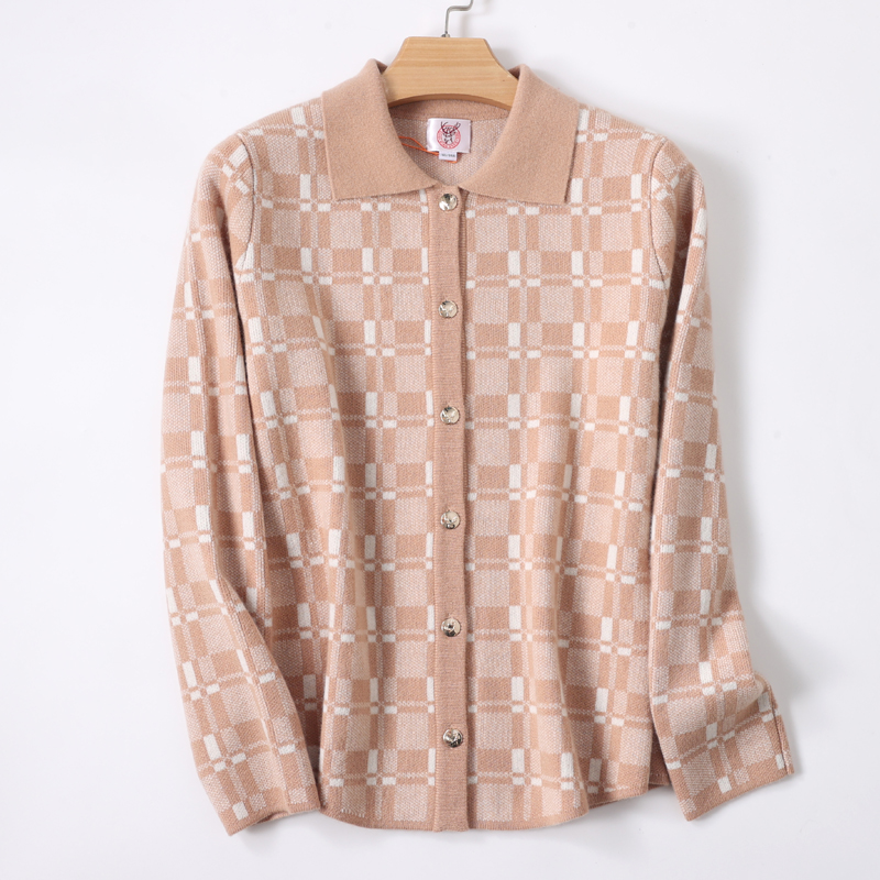 鹿王女士翻领纯山羊绒开衫加厚提花冬季新款驼色系经典百搭外套穿