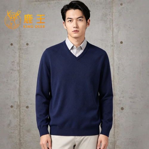 鹿王100%山羊绒男V领保暖套头厚