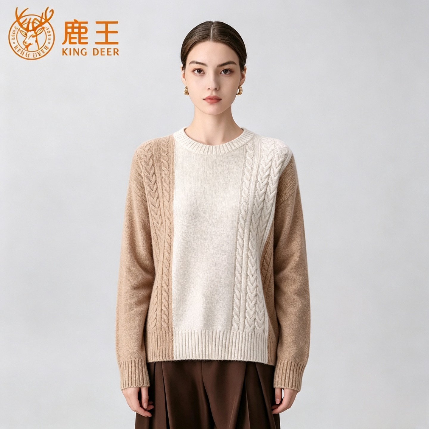 鹿王羊绒衫女士圆领拼色麻花纹套头长袖通勤保暖秋冬季针织毛衣厚
