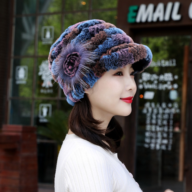 獭兔毛帽子女冬季皮草编织针织毛线帽鸭舌帽保暖护耳时尚潮流百搭