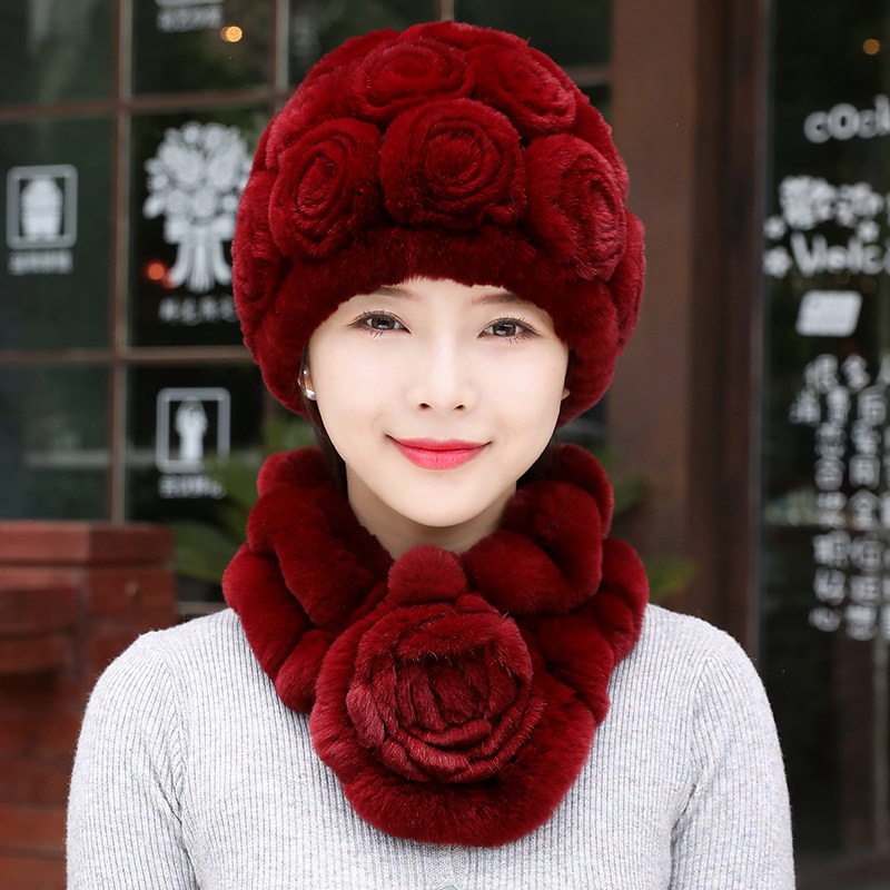 獭兔毛帽子女士冬季皮草围巾两件套装妈妈中老年围脖保暖护耳时尚