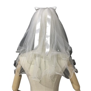 披发新娘双层珍珠丝带蝴蝶结头纱卷边网红拍照头饰品儿童发光头纱