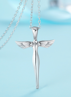 纯银天使翅膀项链学生十字架吊坠
